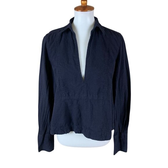 Free People Navy Linen Cotton Blend Deep V Pullover Top Small - Picture 1 of 6